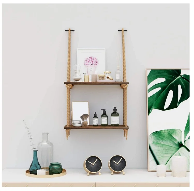 Hanging Wall Shelves Swing Rope Floating Shelf 2Tier Bamboo Storage Shelves for Living Room Bedroom Bathroom and Kitchen