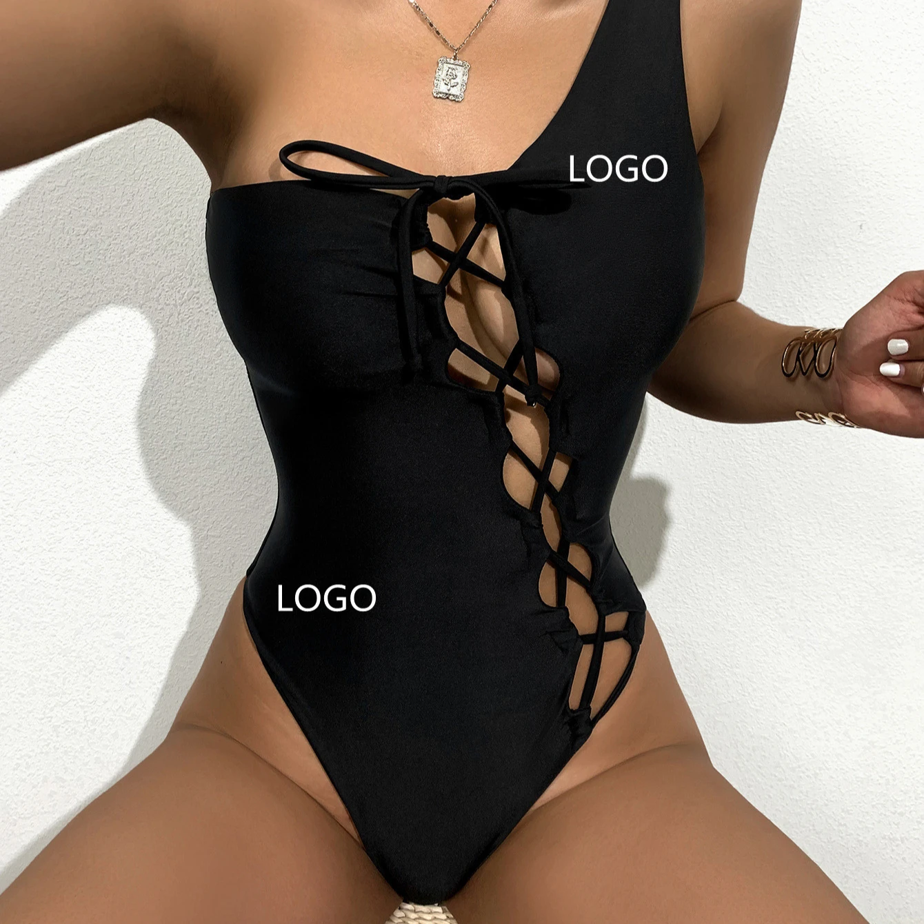 2022 New Styles Custom Women Bandage Strings Bathing Suit One Piece Bikini Swimsuit Cover Up One-Shoulder Swimwear