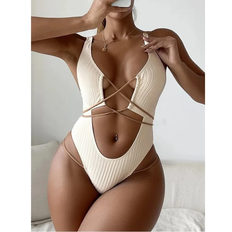 triangle bikini 1 piece Bang Ribbed Fabric Sexy Beachwear Hollowed Out Bikini Band Monokini Swimsuit 2023 Bathing Suit