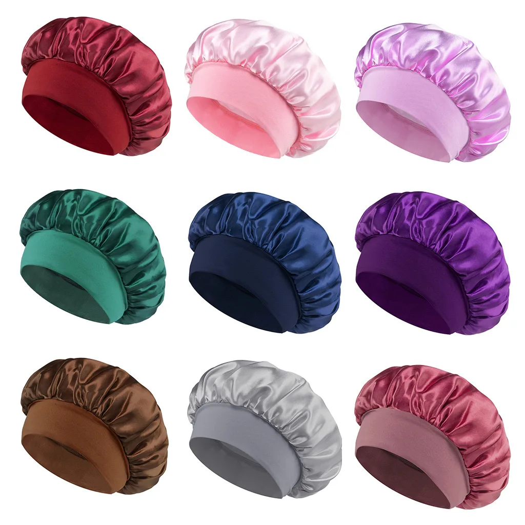 Wholesale Custom Logo Women Wide Elastic Band Shinning Silk Satin Night Sleeping Chemo Hair Bonnet Hat Cap