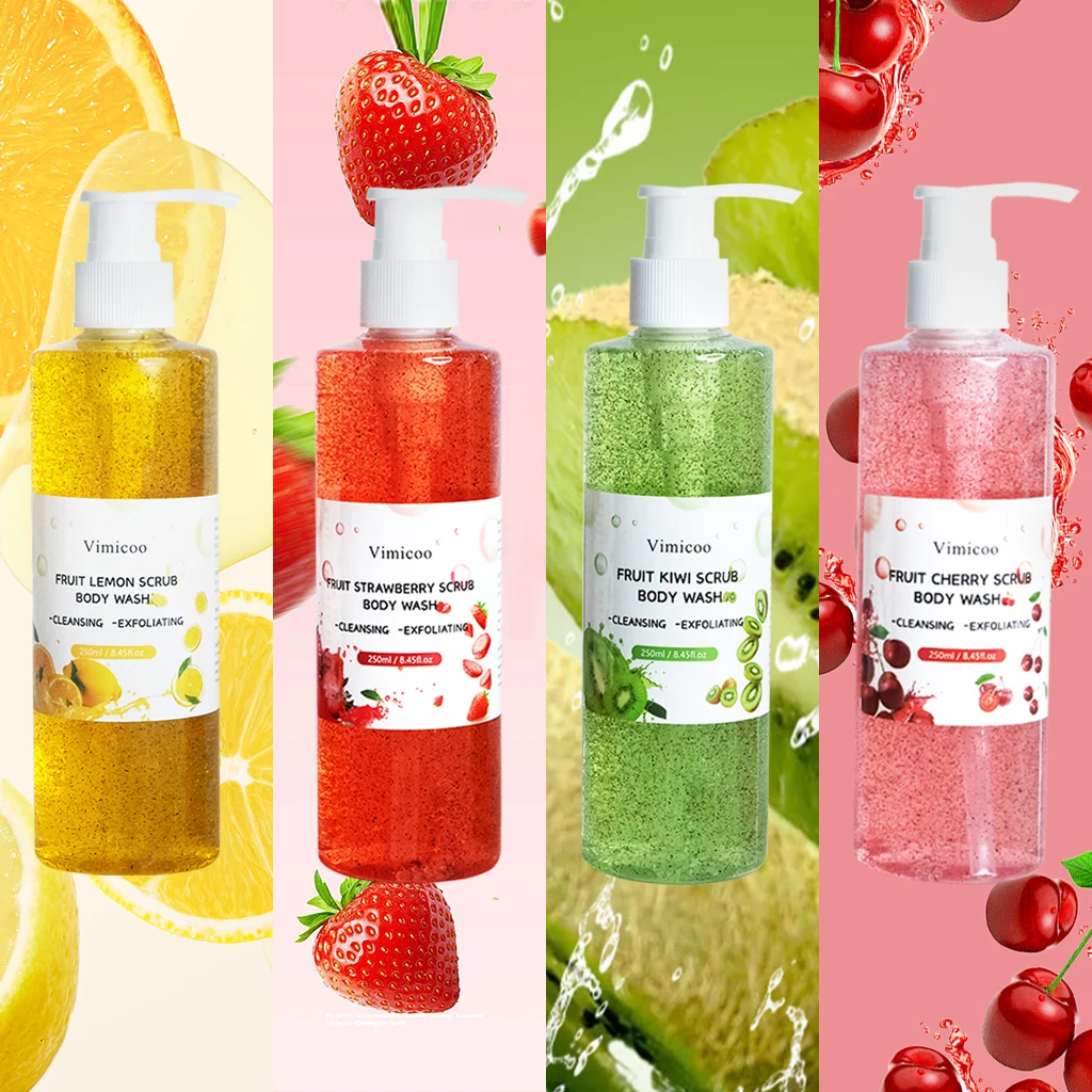 OEM ODM Fruit Flavor Body Care Bath Shower Gel Exfoliating Perfumed Refresh Strawberry Lemon Kiwi Cherry Scrub Body Wash Gel