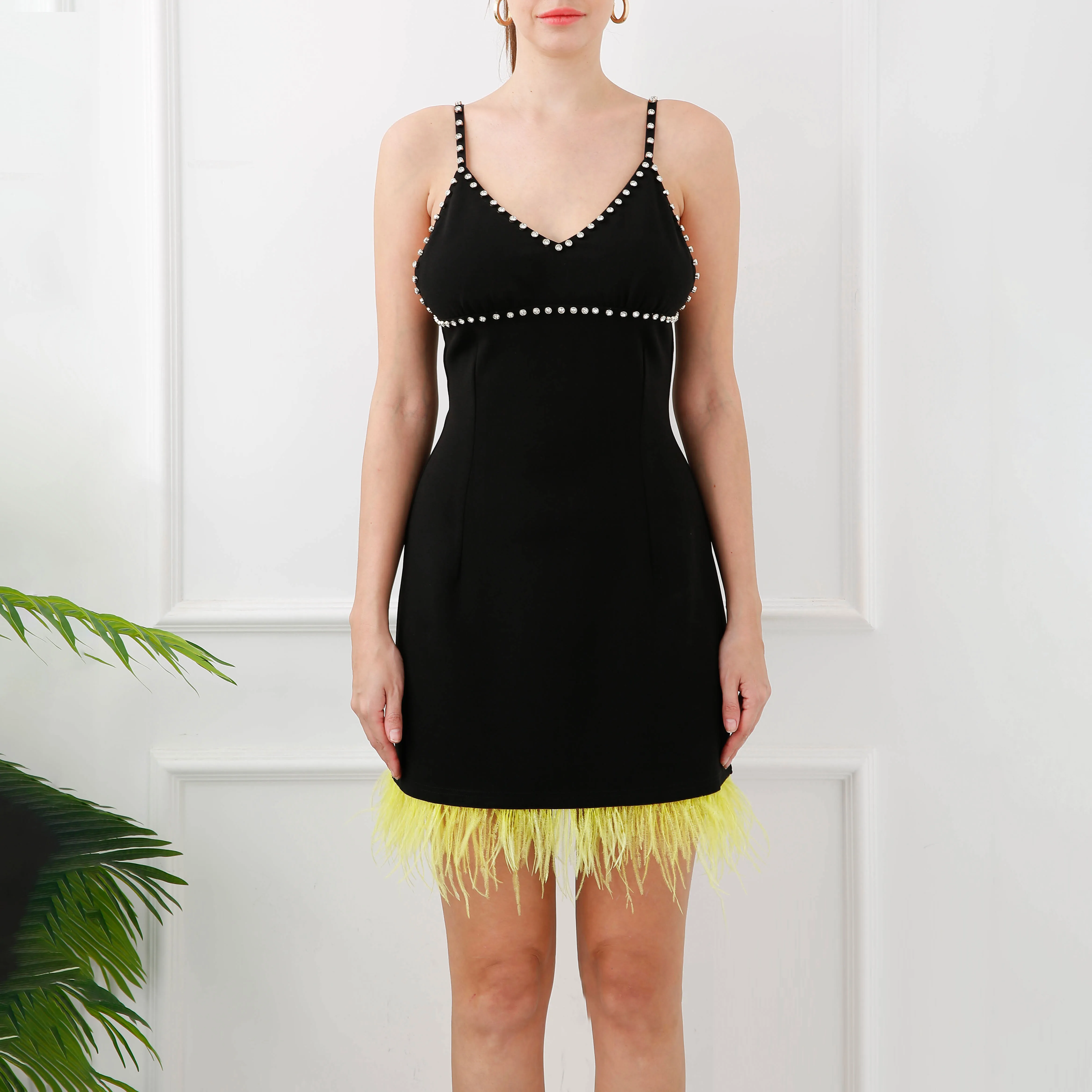 Diamond straps backless slim bandage bodycon feather dress