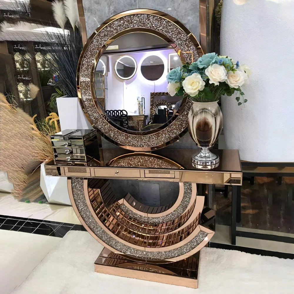 Hot Living Room Furniture Rectangle Brown Mirror Glass Long Mirrored Console Table Hallway Tables Set