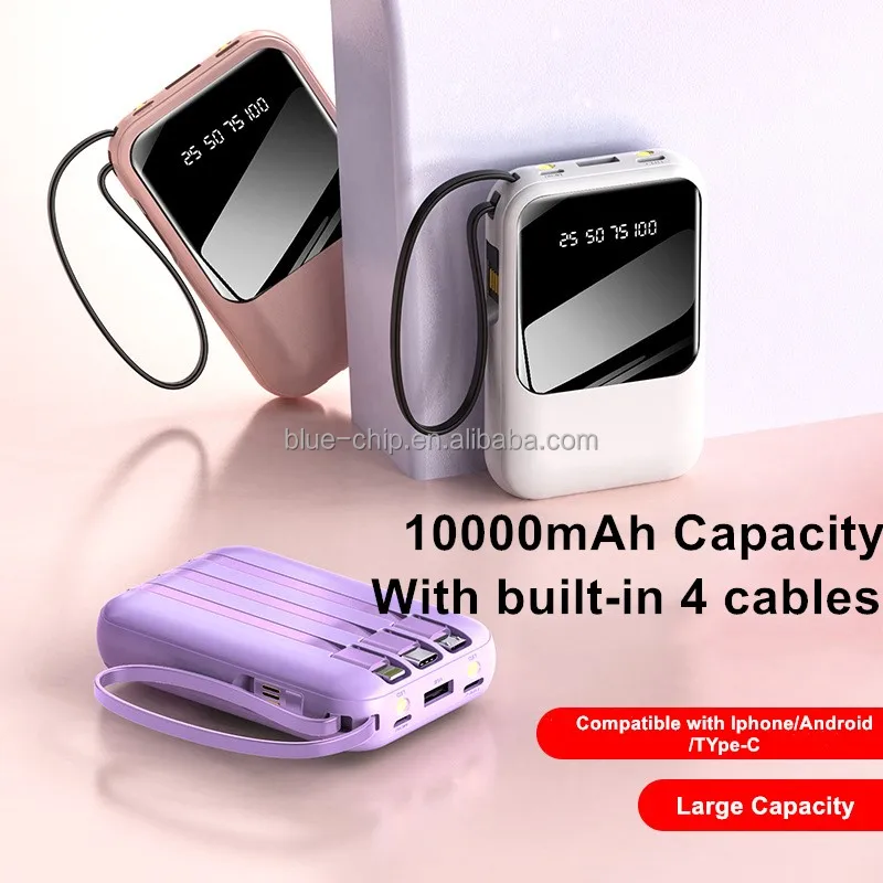 Custom Portable Mini 4 in 1 Built-in cables Dual USB Power Bank 20000mAh Large Capacity LED Digital Display Mirror Power Bank