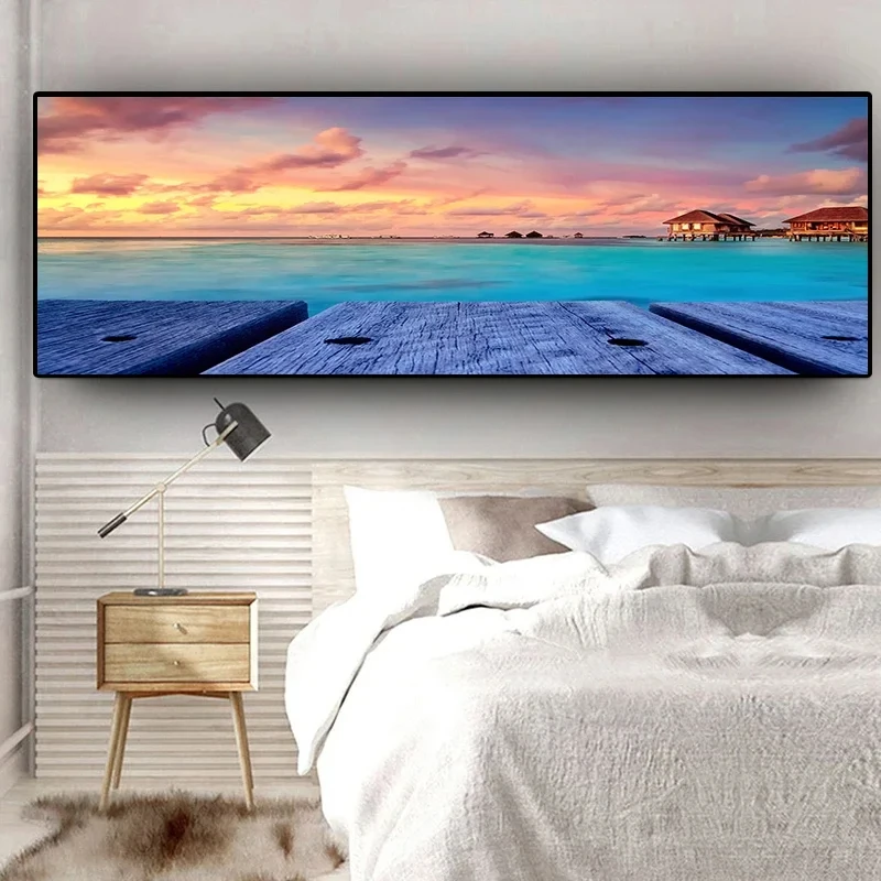 Sunsets Natural Beach sunrise Bridge Coast Landscape Building Canvas Painting Posters and Print Wall Art Picture for Living Room