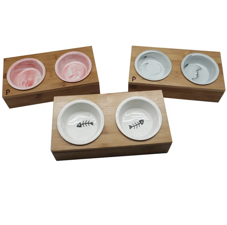 Bamboo ceramic dog cat feeder Double Pet Bowls