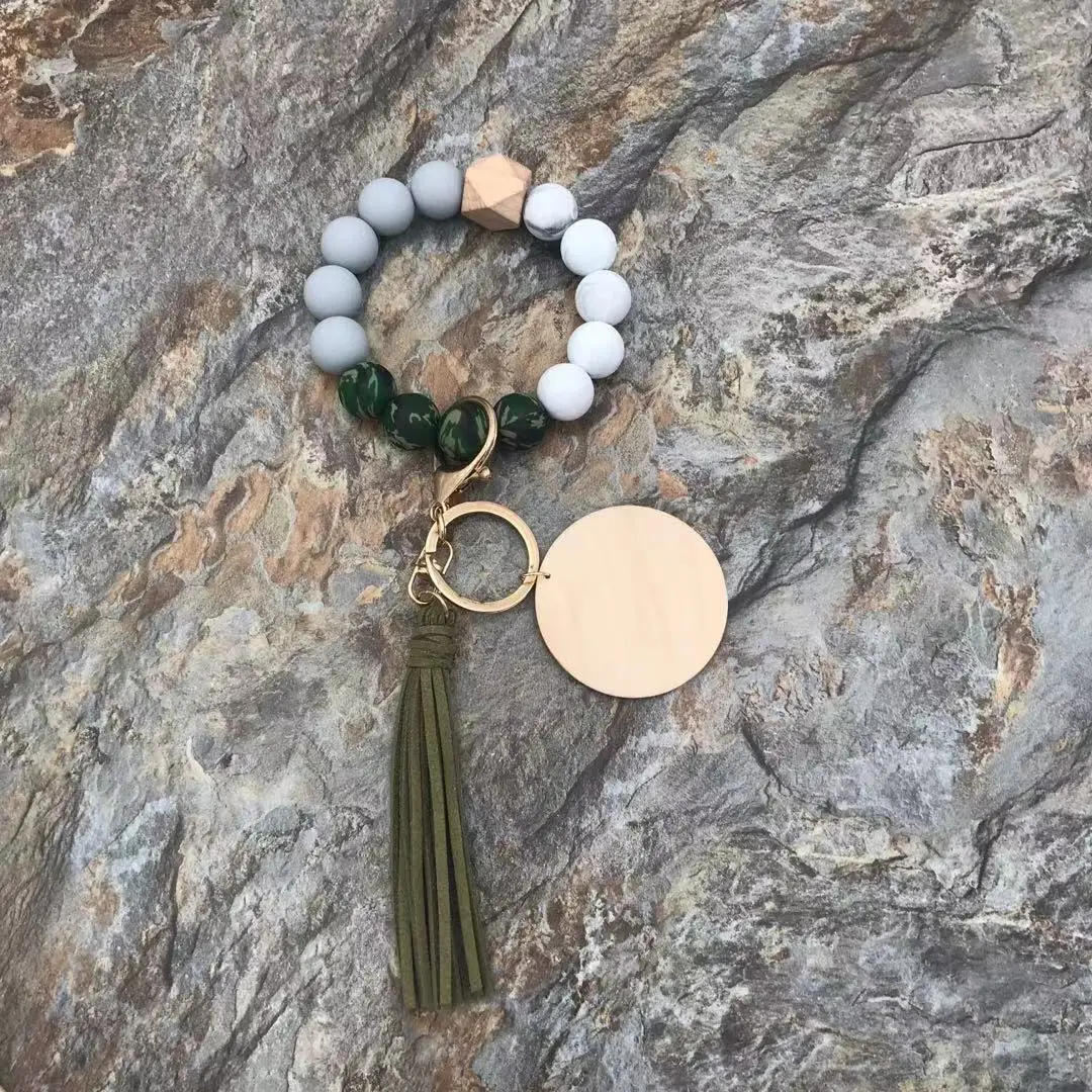 Wholesaler Silicone Bead Bracelet Keychain With A Wooden And Round Wood