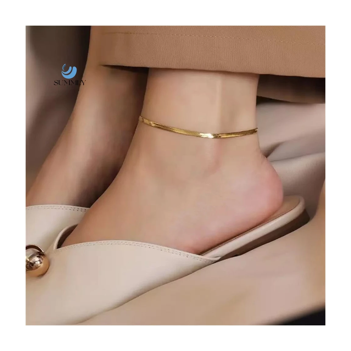 SUMMLY Vintage Snake Chain 18k Gold Plated Stainless Steel Anklets Fashion Jewelry for Women