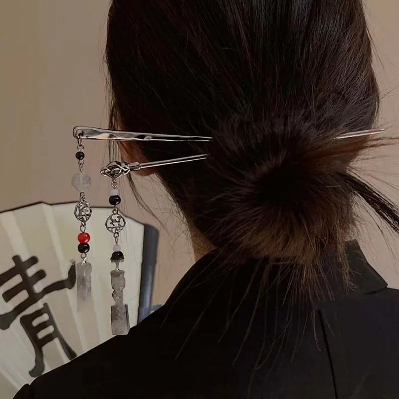 GEERDENG New Arrival Ancient Chinese Style Hair Sticks Jade Pendant Tassel Metal Hair Sticks Hanfu Coiling Hairpin for Women