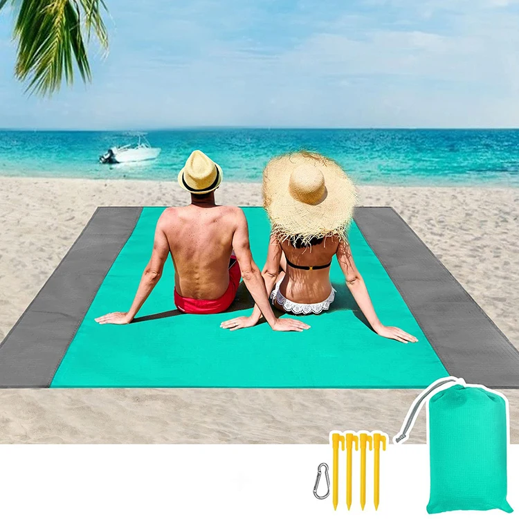 Outdoor Portable Mini Lightweight Waterproof Nylon Sand Free Beach Mat Folding Sand Proof Custom Beach Blanket With Pocket LOGO