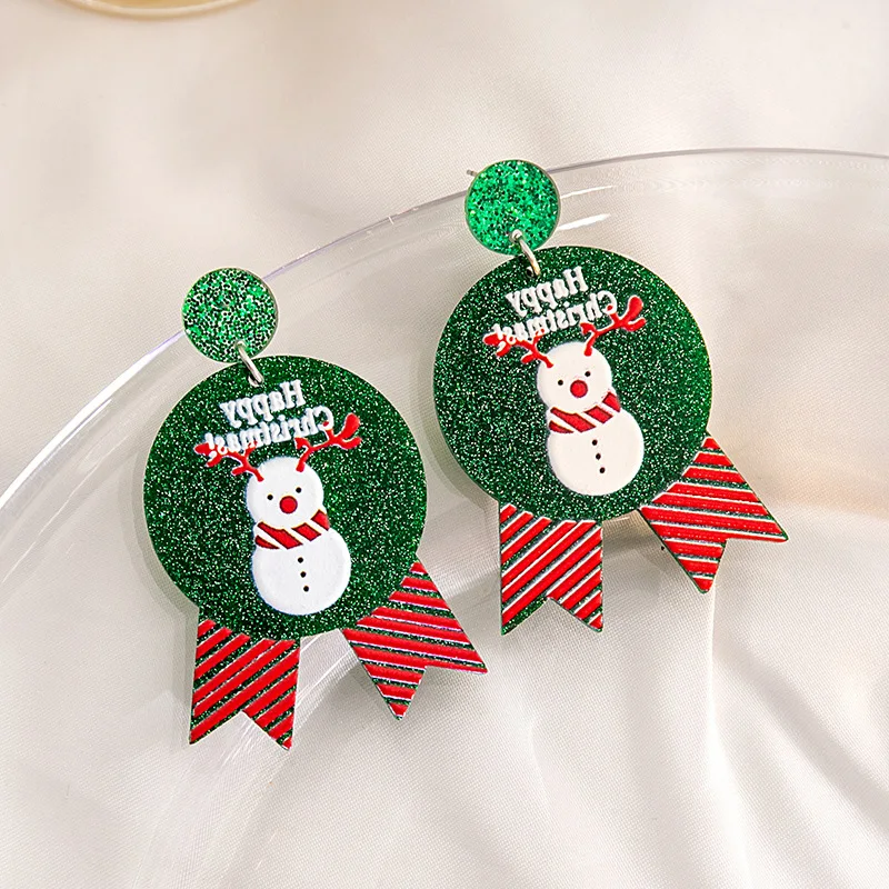 2024 New Fashion Sequin Acrylic Christmas Snowman Santa Dangle Earrings Cartoon Christmas Tree Earrings