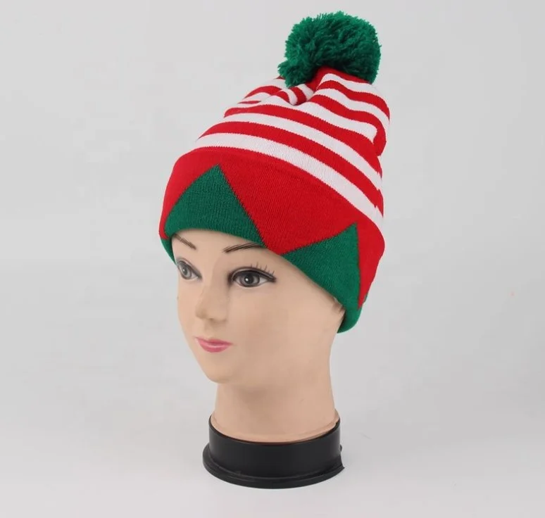 Acrylic Christmas Tree Jacquard Beanie Hat with Pompoms