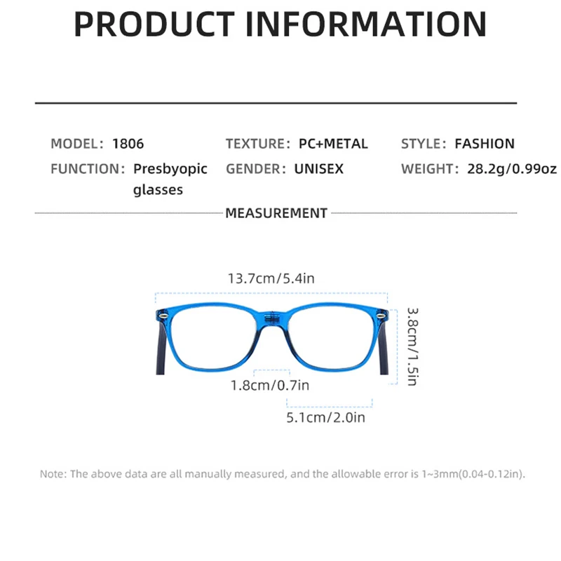 Portable Hang on neck Design Adjustable Silicon arms Reading Glasses