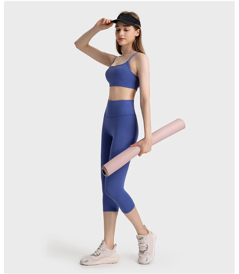strap cross back nylon elastic fitness bras top legging without T line 3/4 fitness pants 2 pieces gym set women workout clothes