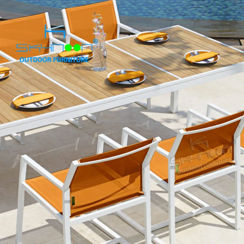 beautiful colorful 6 seat rope garden chair teak table orange teslin chair dining sets outdoor dining sets(01014)