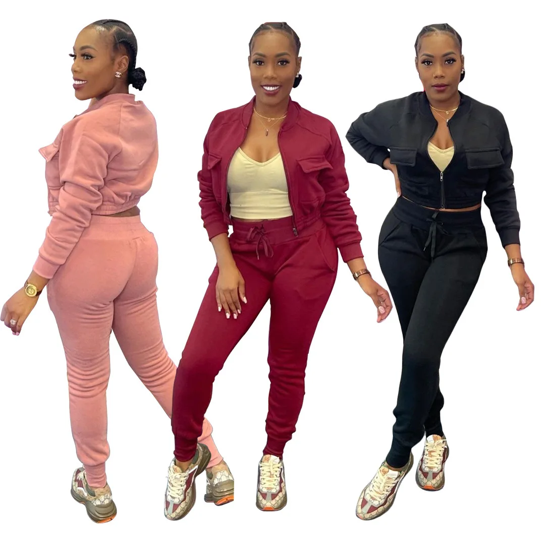 Streetwear Ladies Cute Pockets Crop Top 2 Piece Set Winter Boutique Clothing Women Sweatsuit Set Tracksuit