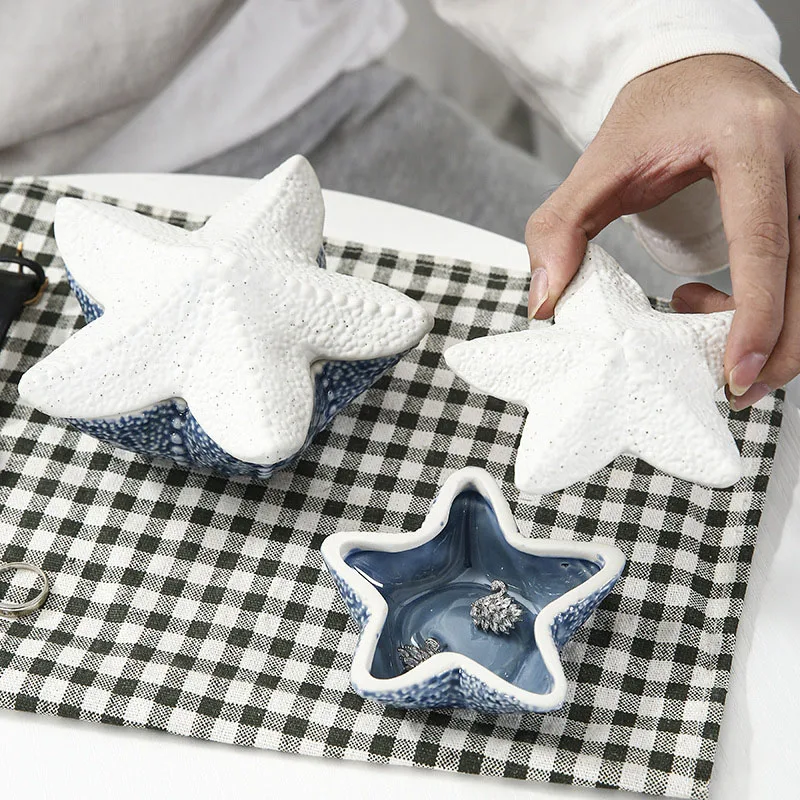 Ceramic Blue Hand Ring Holder for Jewelry Trinket Dish, Starfish shaped Jewelry Plate Tray Home Party Decor