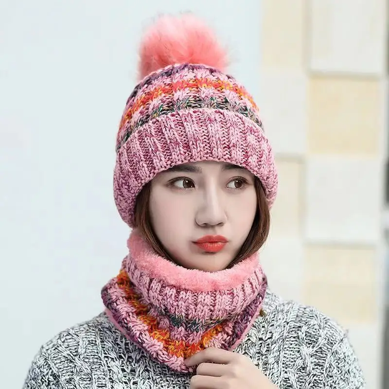 6 Color women warm cable knitted beanie hats , 2pcs /set winter hats and scarf set