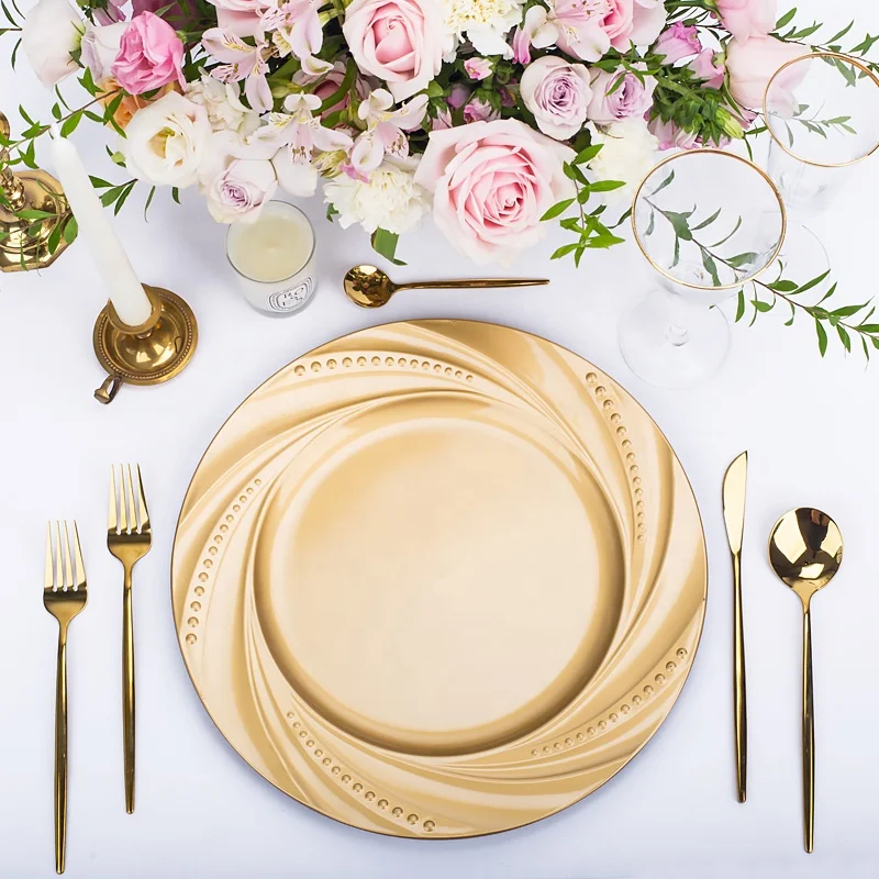 plastic glass clear silver pink black rose gold beaded rim gold charger plates wedding decoration chargers for dinner plates