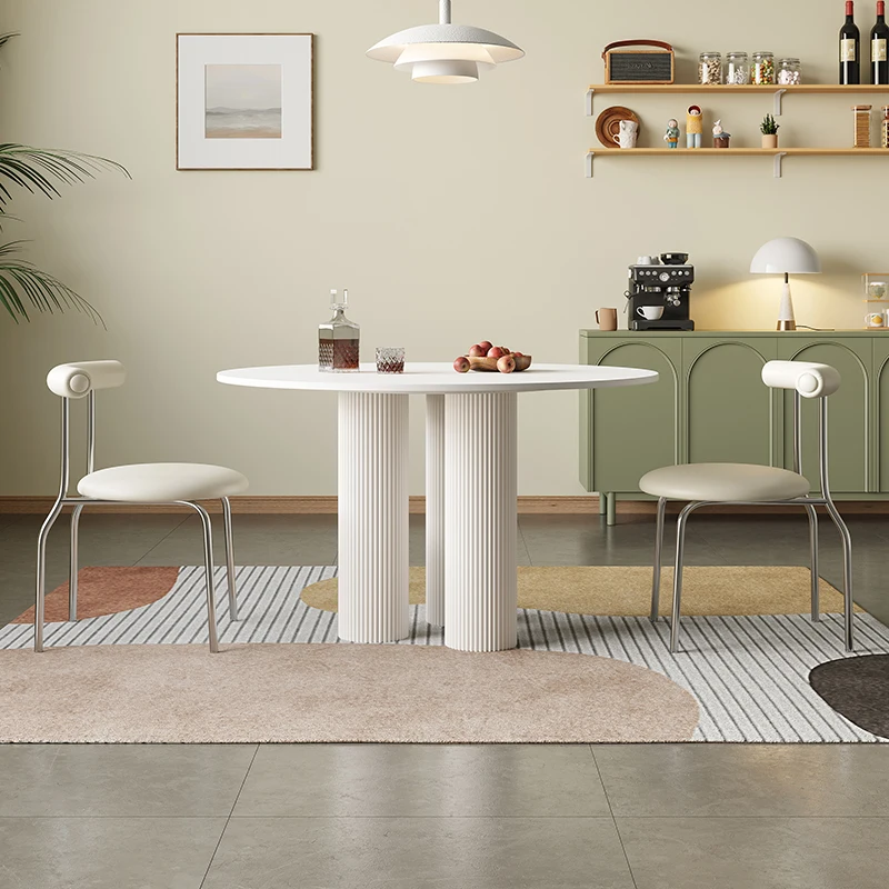 Minimalist Cream Style Slate Small Round Table Small Household Roman Column Round Dining Table and Chairs