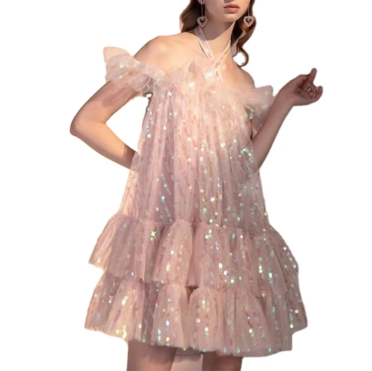 2022 Summer Sexy Party Pink Sequins Mini Lady Dress Backless Dresses For Woman And Girls