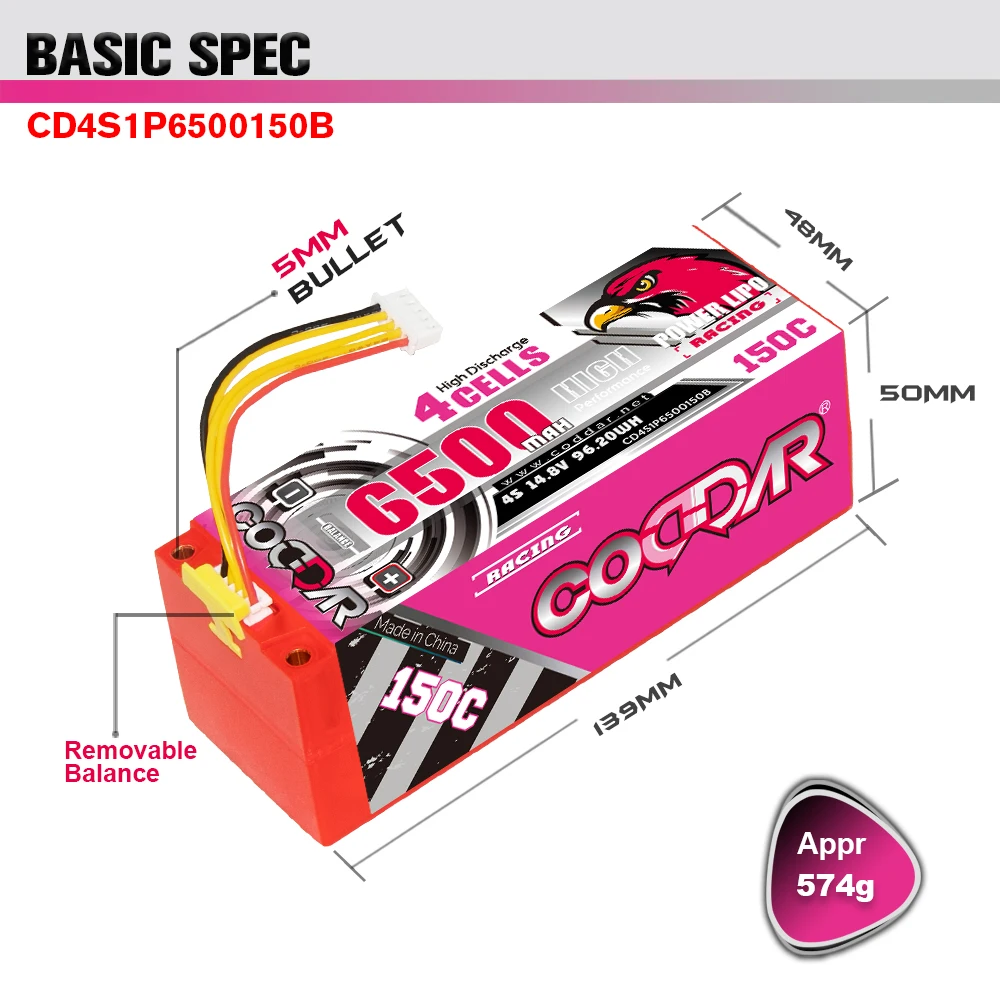 CODDAR 4S 6500MAH 14.8V 150C 5mm Bullet Hard Case RC LiPo Battery 1/10 1/8 Scale RC Car Boat Truggy