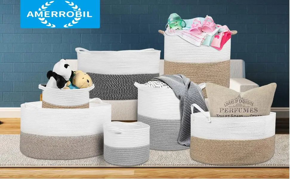 Custom wholesale handmade cotton rope storage basket decorative braided large baby Woven  toy laundry coil basket with handles