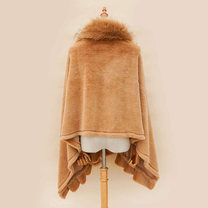 Fashion Elegant Pink poncho long hair Collar faux Rabbit fur shawl for Women winter warm
