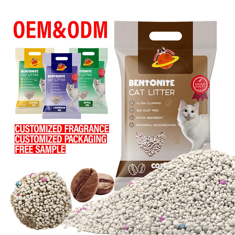 OEM ODM Factory 1-3.5mm 10L Ball shaped Dust Free cat sand clumping colour granule Bentonite Clay Cat sand Litter
