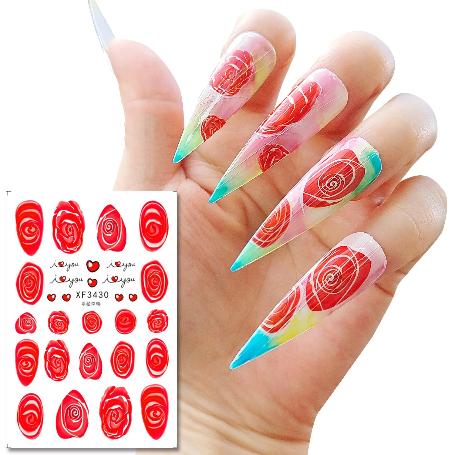 12 Types Hand Painted Rose Series Nail Stickers Designs Gummed Flower Nail Art Stickers Decals Art Decorations With Back Glue