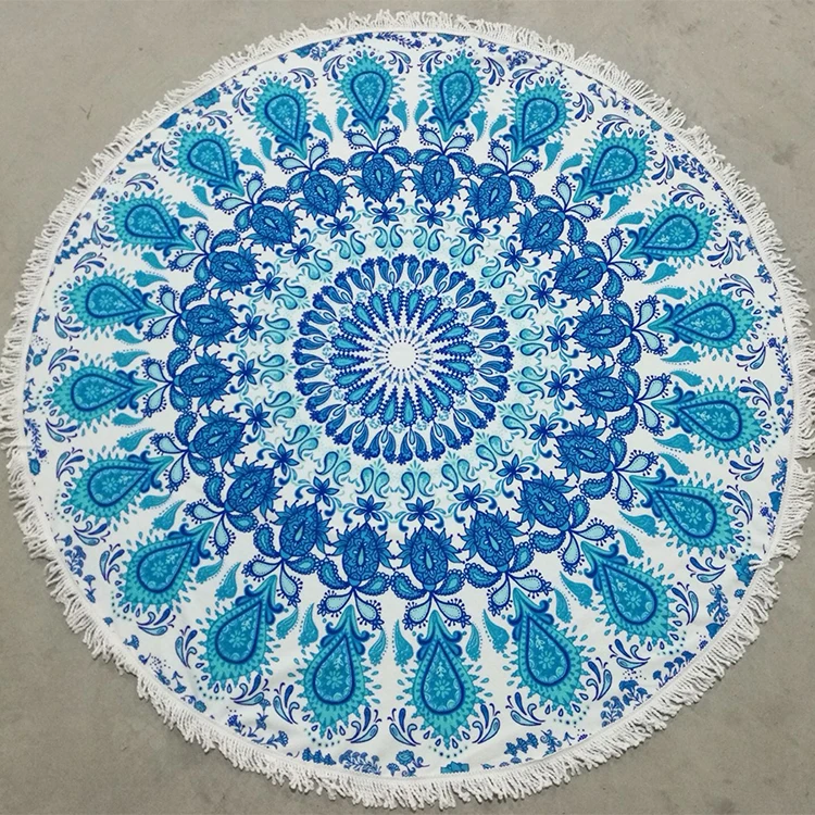 Custom new style mandala microfiber fringe printing turkish peshtemal round beach towel