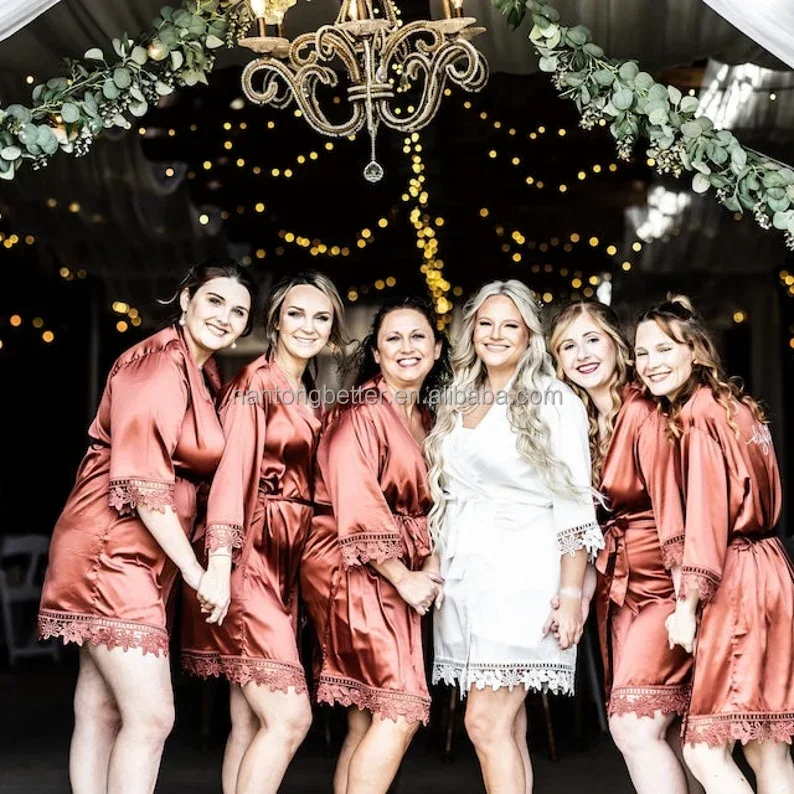 Luxury Soft Smooth Lace Silk Personalized Bride Robes For Women Satin Bridal Kimono Shower Kimono Short Robe Bridesmaid Gift