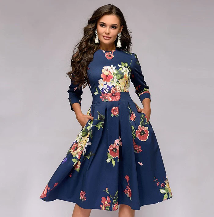 Women Elegant A line Dress 2021 Vintage Printing Party Vestidos Three Quarter Sleeve Women Slim Summer Dresses