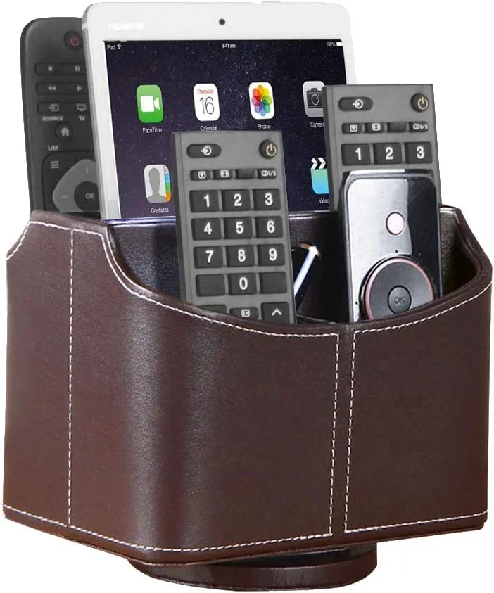 Leather Remote Control Holder 360 Degree Spinning Desk TV Remote Box Coffee Table Organizer for Controller Media Calculator
