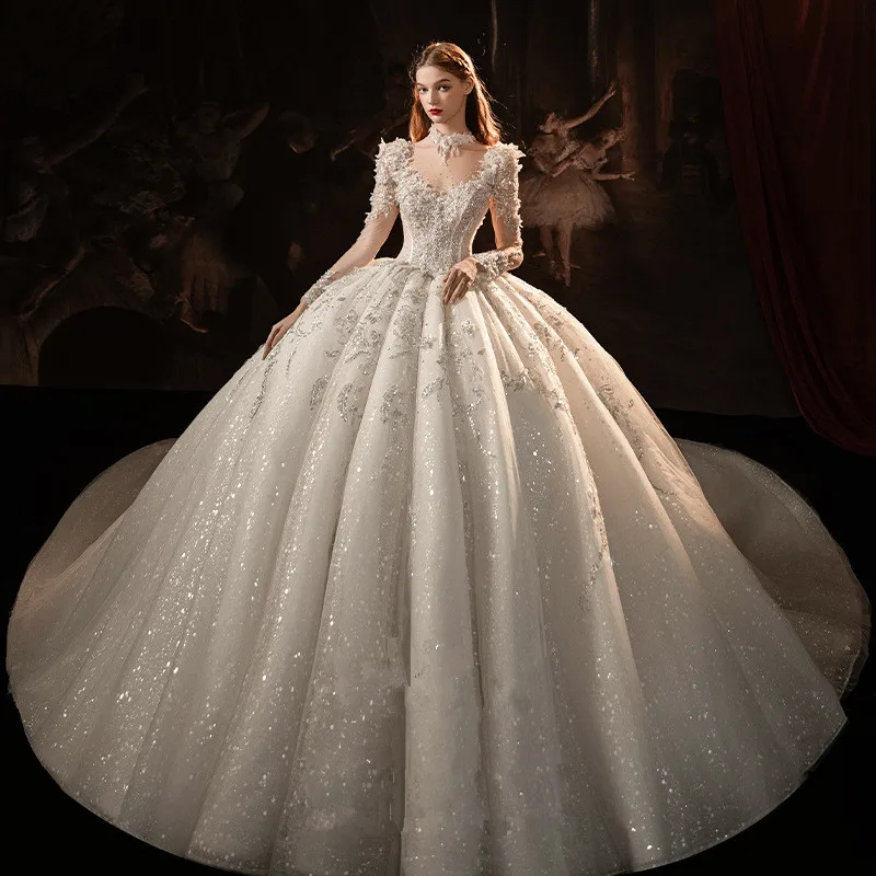 ZX-3025 Wedding dress bride 2024 new runaway princess heavy luxury main yarn long tail style long sleeves