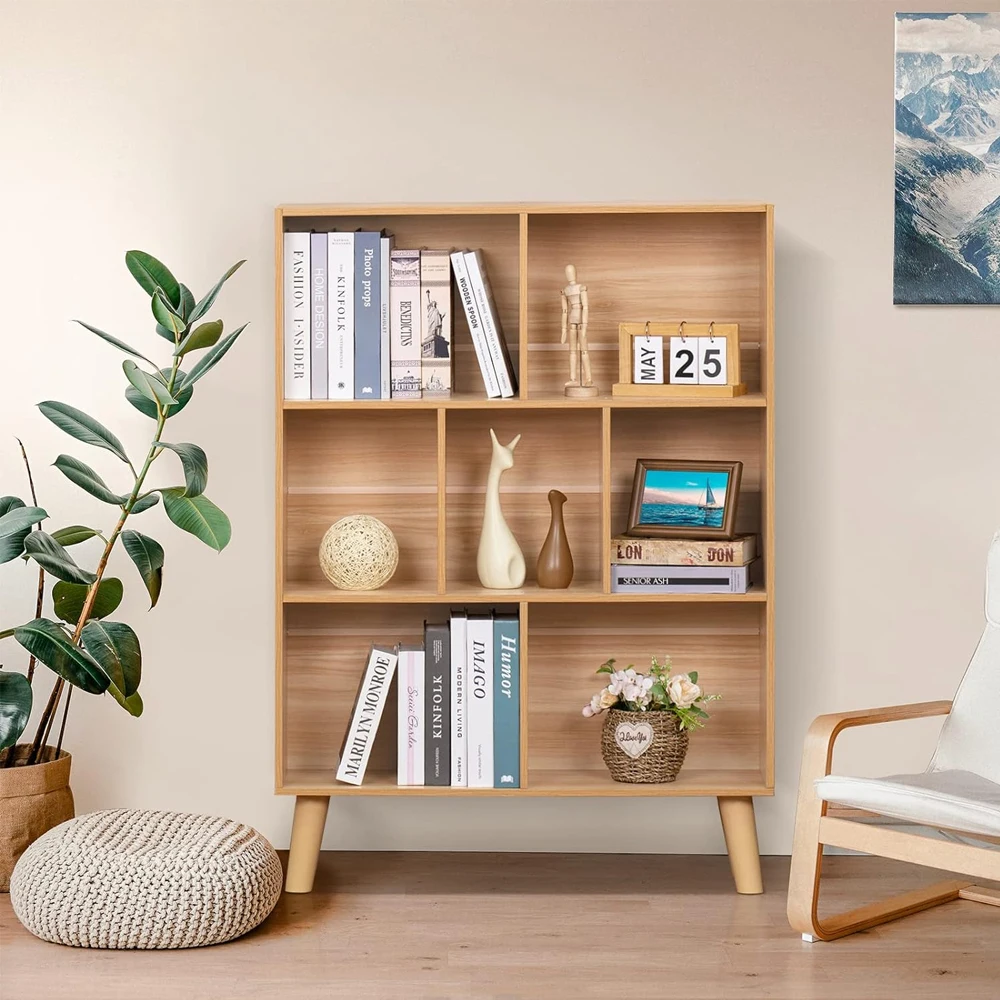 Custom Modern book shelf Design Wooden Display simple bookcase Wood Library 7 Shelf Bookcase