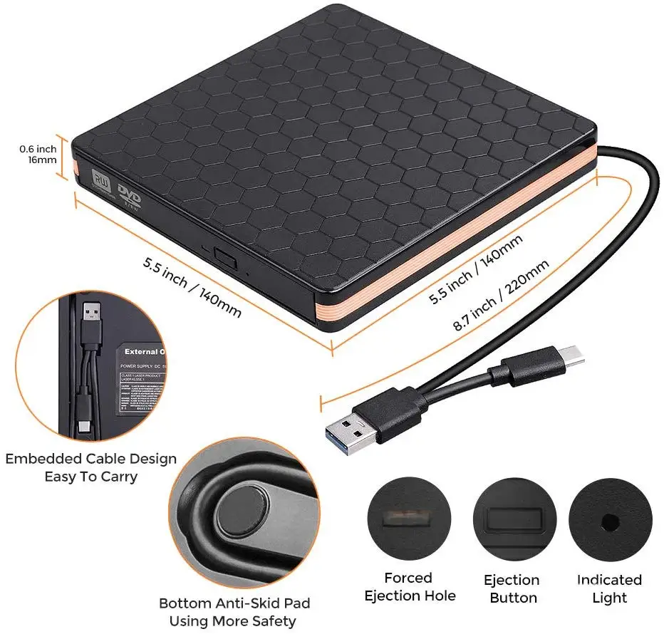 
Raycue External DVD CD Player CD-RW Burner and Reader with USB 3.0 and Type C 