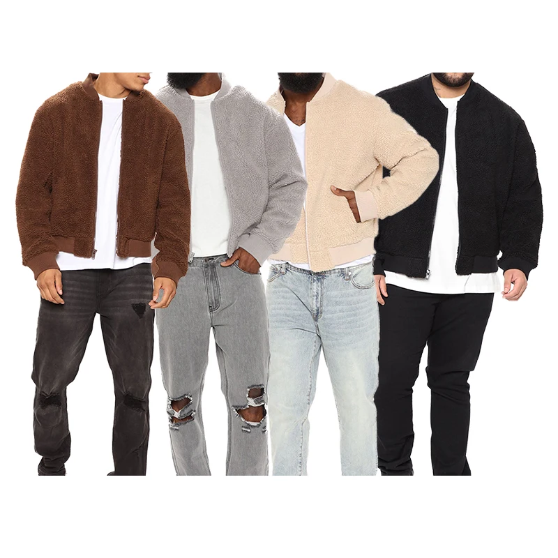 2024 Autumn Custom Logo Lounge Blank Men Pullover Sherpa Bomber Jacket Baseball Collar Lambswool Sweatshirts