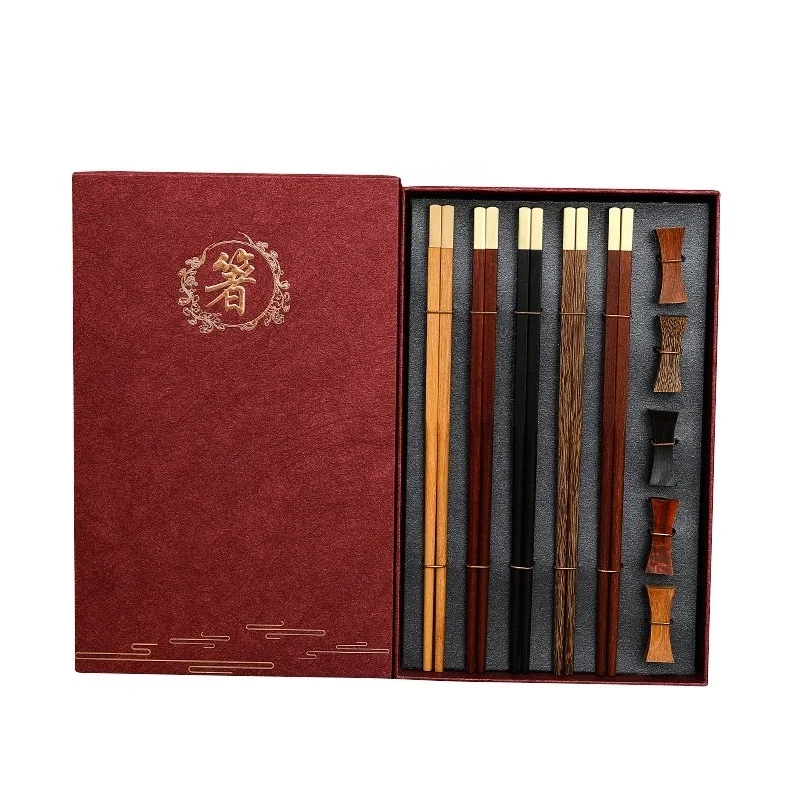 OEM  Chinese Golden Reusable Wooden Chopsticks Custom Wood Chopsticks Gift Box With Holder Wood Rest For Family