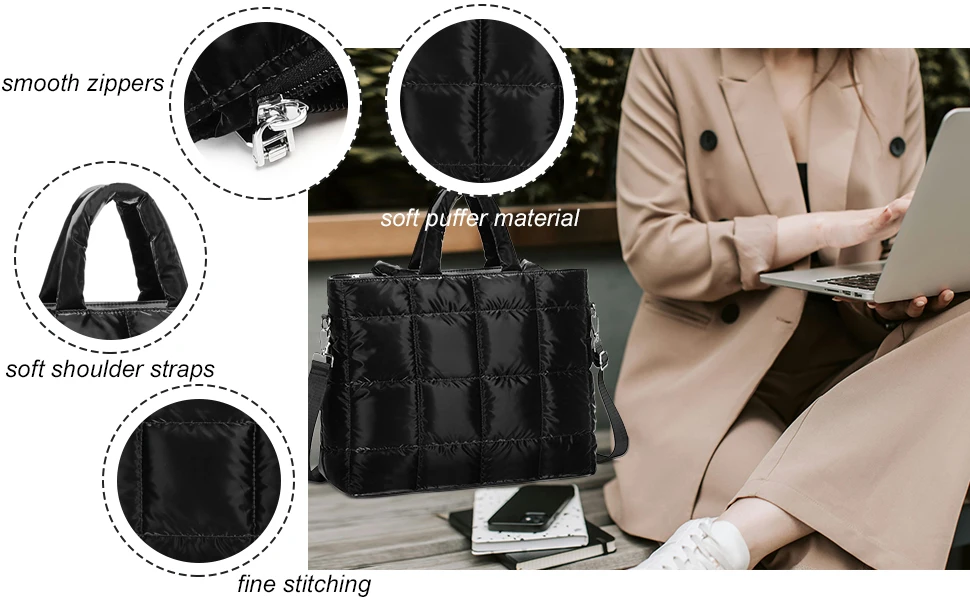 Custom Carryall Shopping Puffy Cotton Side Laptop Bag Quilted Shoulder Puffy Handbag Quilts Puffer Bags Tote for Women Travel
