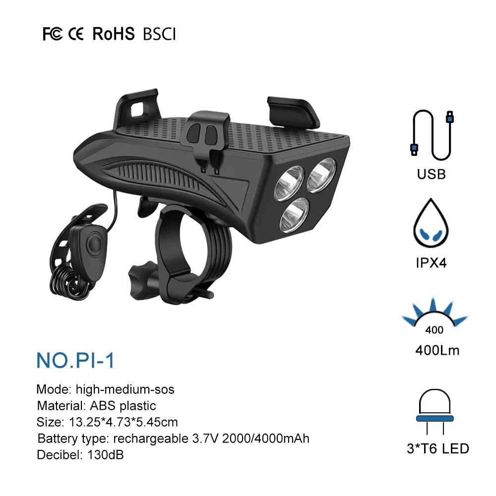 4 In 1 Multifunctional Phone Holder Power Bank Speaker USB Rechargeable 4000mAh Bicycle Light Waterproof LED Headlight