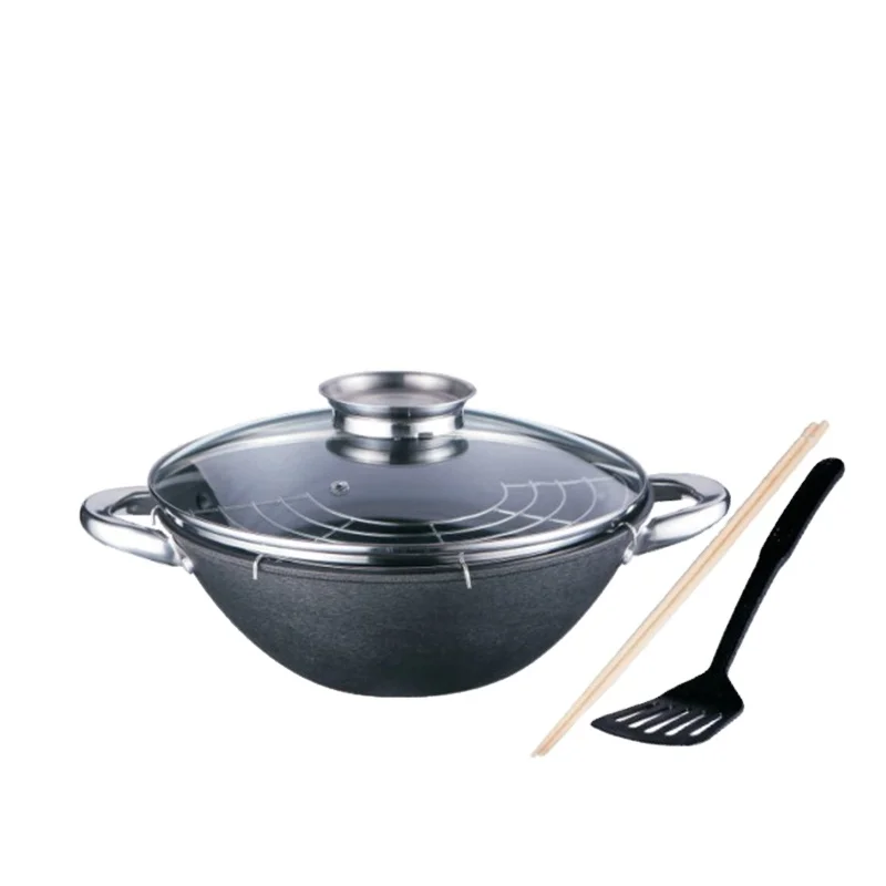 Non-stick Shallow Casserole Cast Iron Russia Wok With Glass Lid