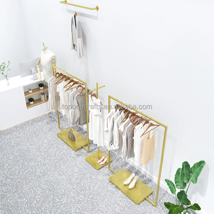 Modern Fashion Retail Gold Metal Garment Hanging Stand Boutique Floor Standing Clothes Display For Trade Show Display