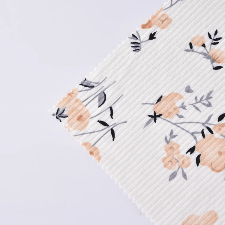 2023 New designed good quality flower printed brushed 4x2 rib fabric for women dress