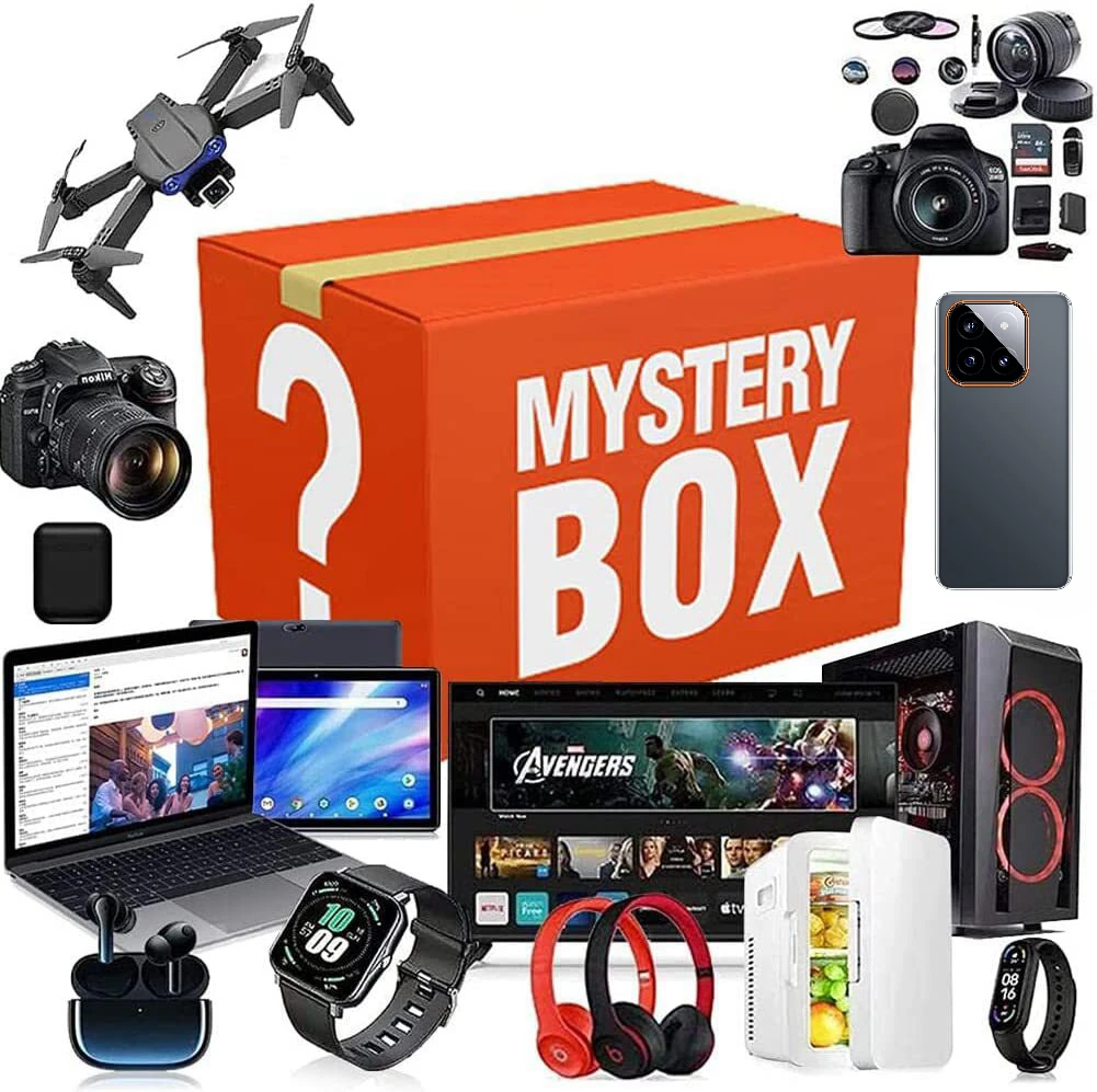 At least 3 pcs electronic Surprise Mystery Box Blind Gift may open: wireless TWS earphones, Tablet Computer,Smart Watches,Drone