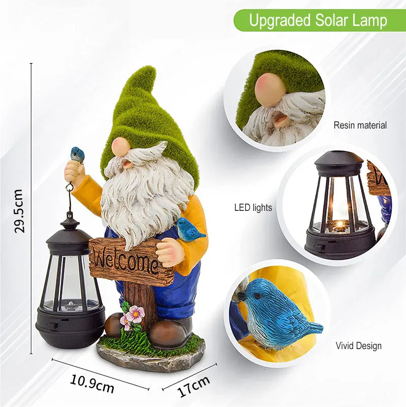 Garden Sculptures Gnome Statue Resin Figurine With Solar Light and Welcome Sign for Outside Patio Yard Lawn Decor