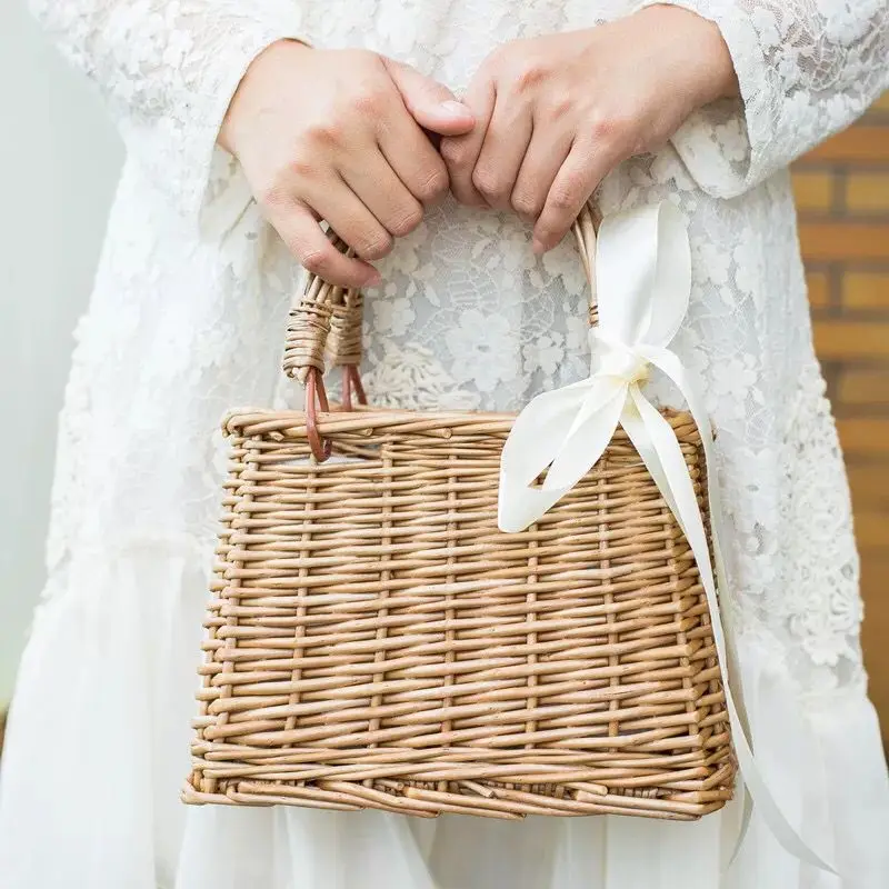 Beach Rattan Basket Bag Summer Ins Storage Basket Rattan Tote Bag Wholesale Bowknot Women Gift Cheap Woven Basket