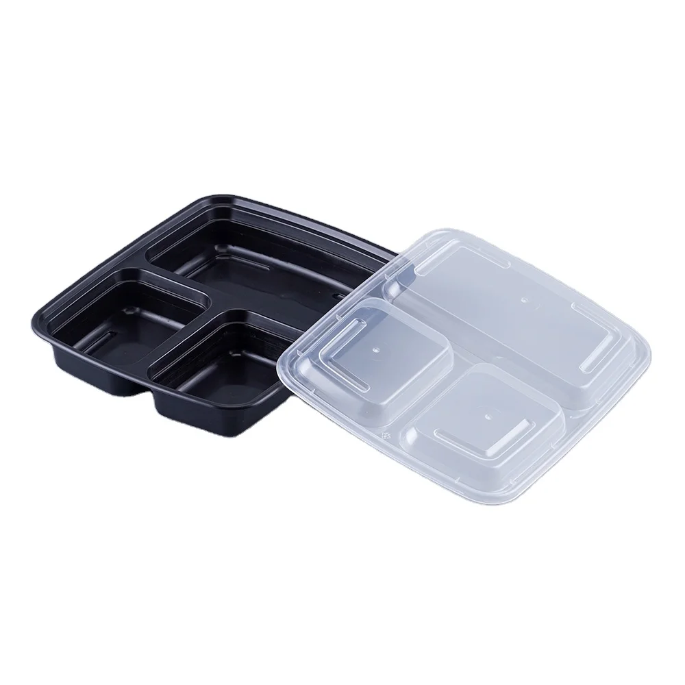 Black rectangular plastic three compartment boxes disposable plastic takeout food containers