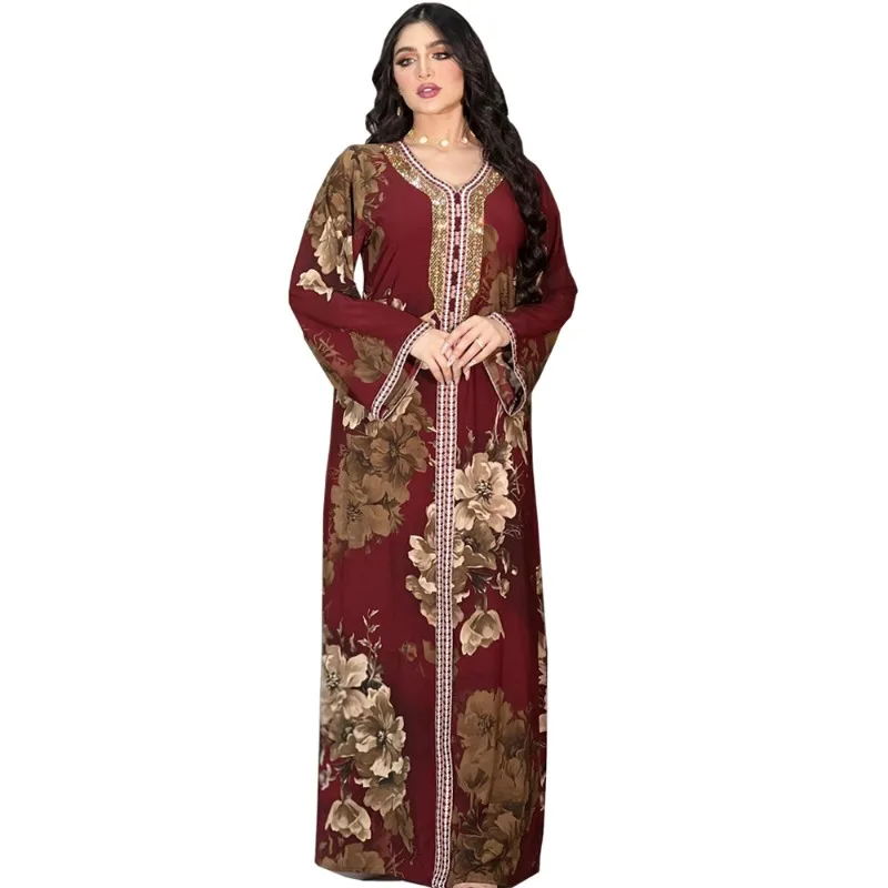 Модное платье кафтан арабский Дубай с принтом Jalabiya Kaftan бусинами для женщин от производителя