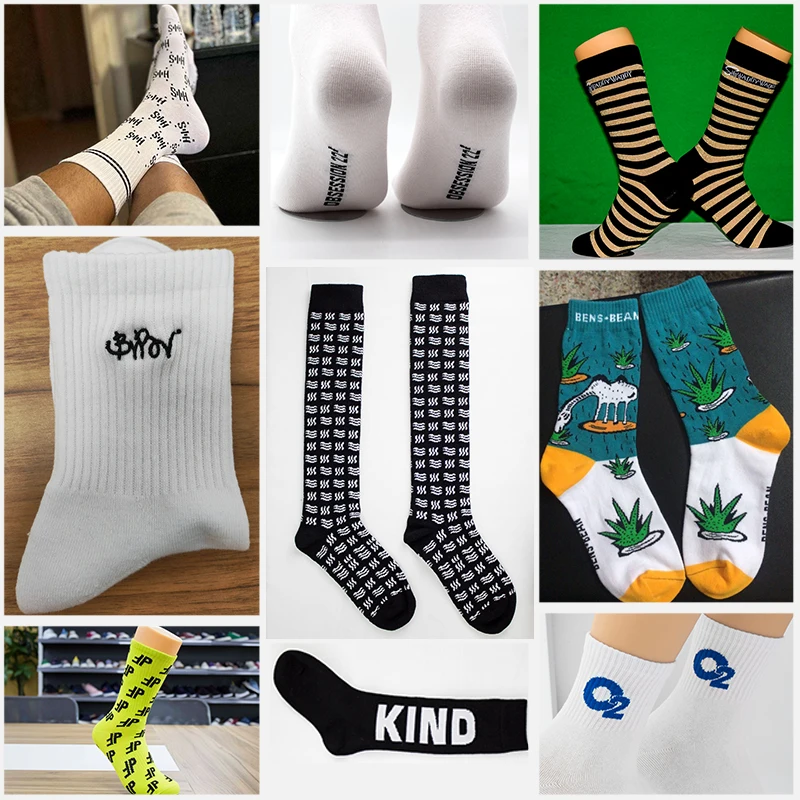 Quality designer casual jacquard knitted letter wholesale crew bamboo cotton brands black socks funny sports custom socks men